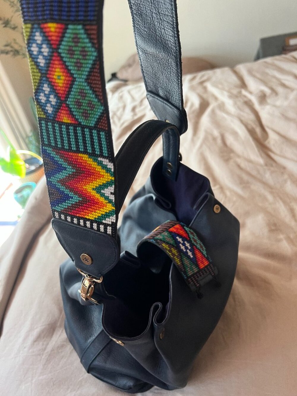 Akarenni 100% Leather BlueTote Handbag Beaded Strap Artisan Mexico